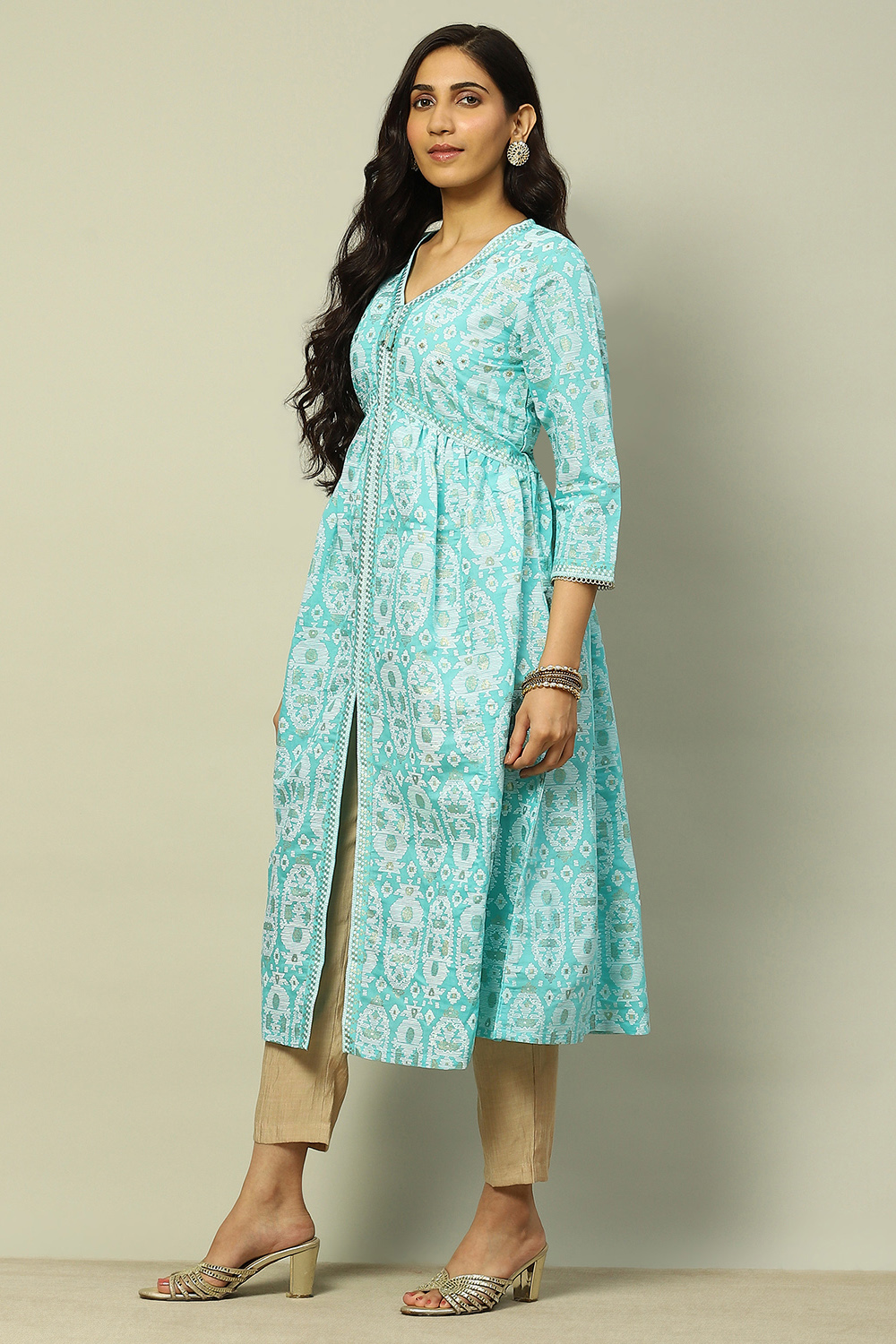 Aqua Blue Viscose Printed Gathered A-Line Kurta image number 2