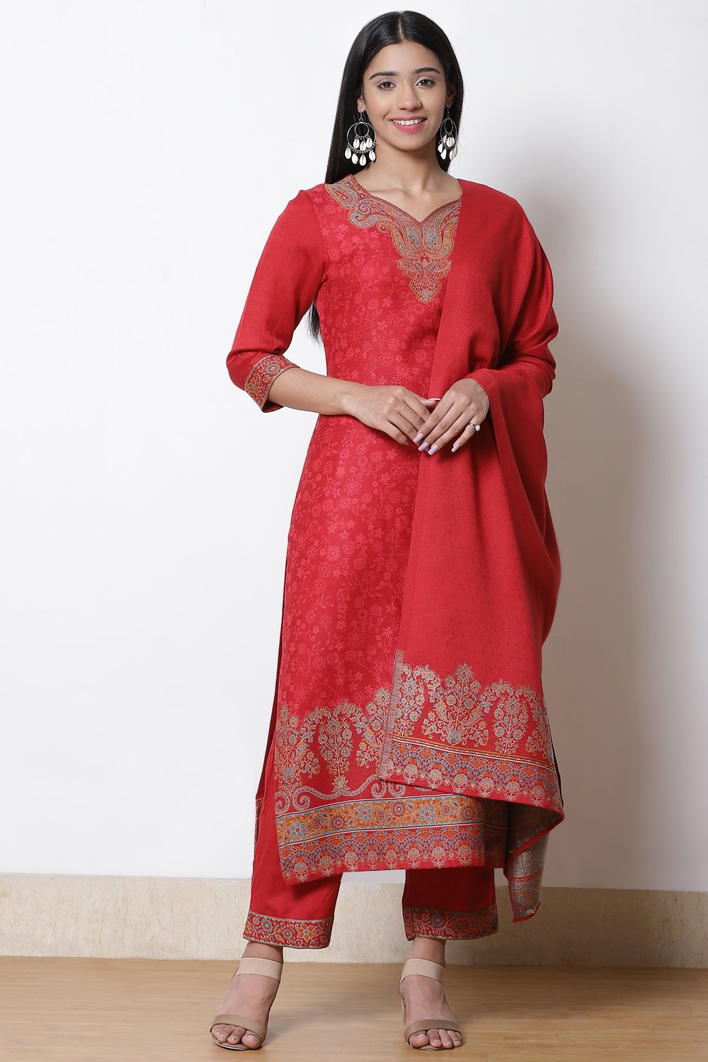 Buy Red Acrylic Straight Suit Set 3N by Rangriti