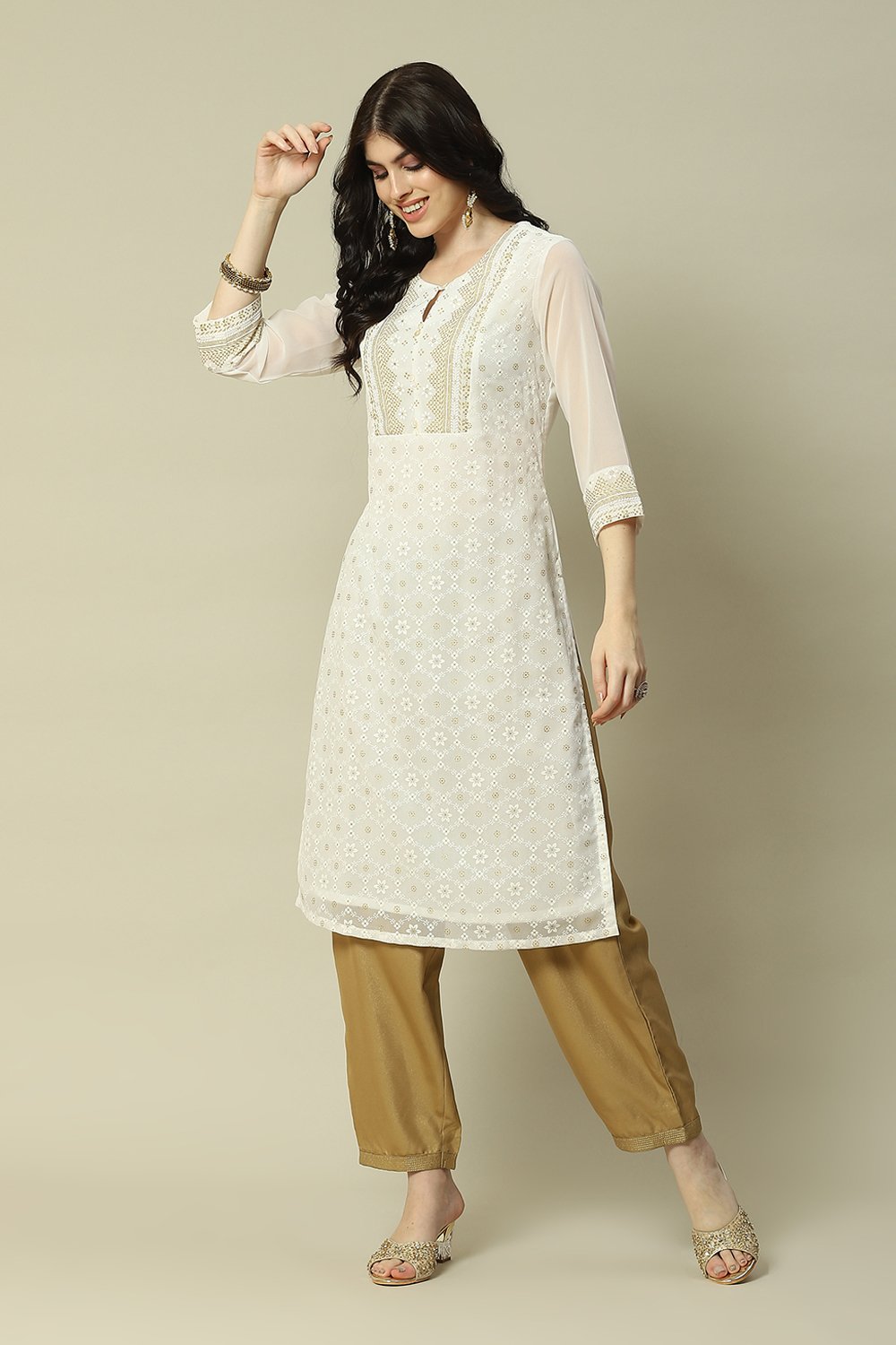 Off-white Poly Georgette Embroidered Straight Kurta image number 0