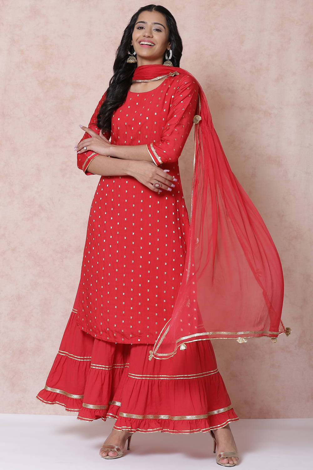 Red Poly Cotton Straight Suit Set image number 5