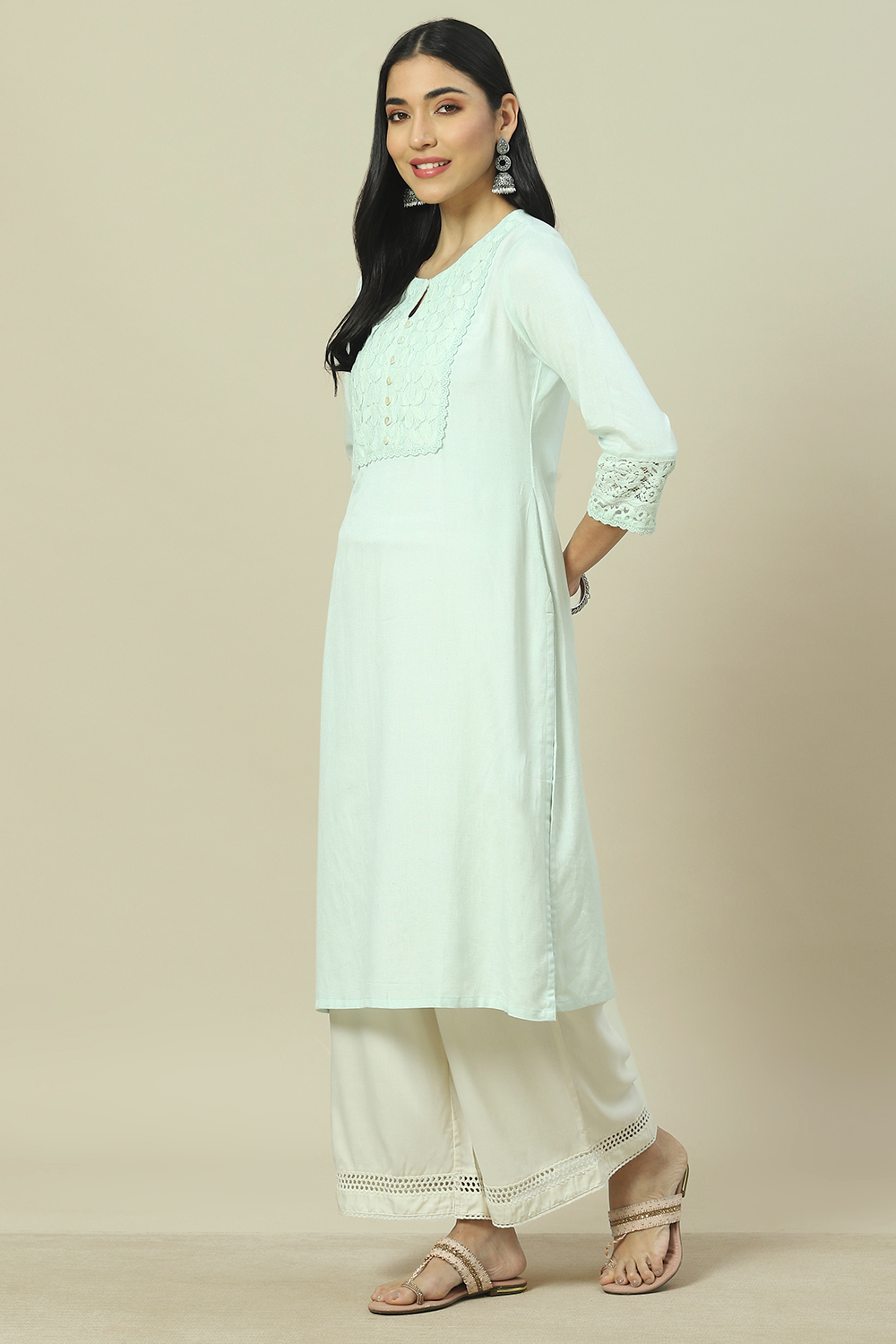 Mint Green LIVA Straight Kurta image number 2