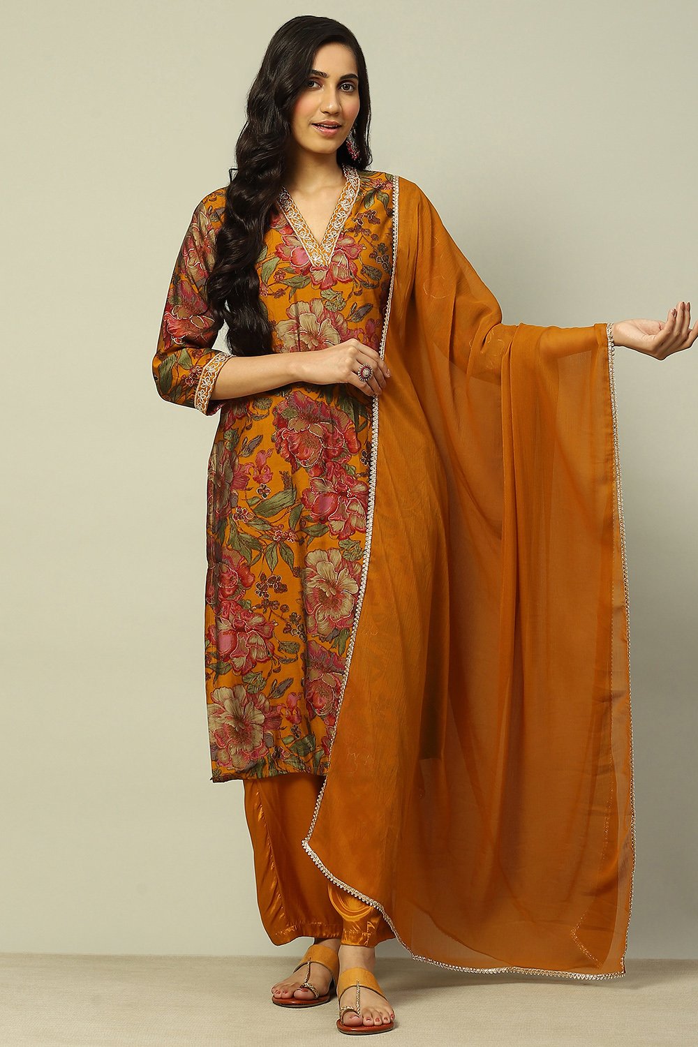 Mustard Viscose Blend Floral Printed Straight Suit Set image number 5