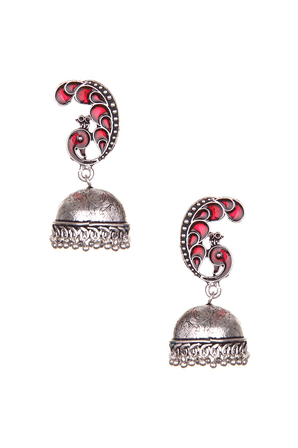 Peacock With Red Enamel Jhumkis image number 1