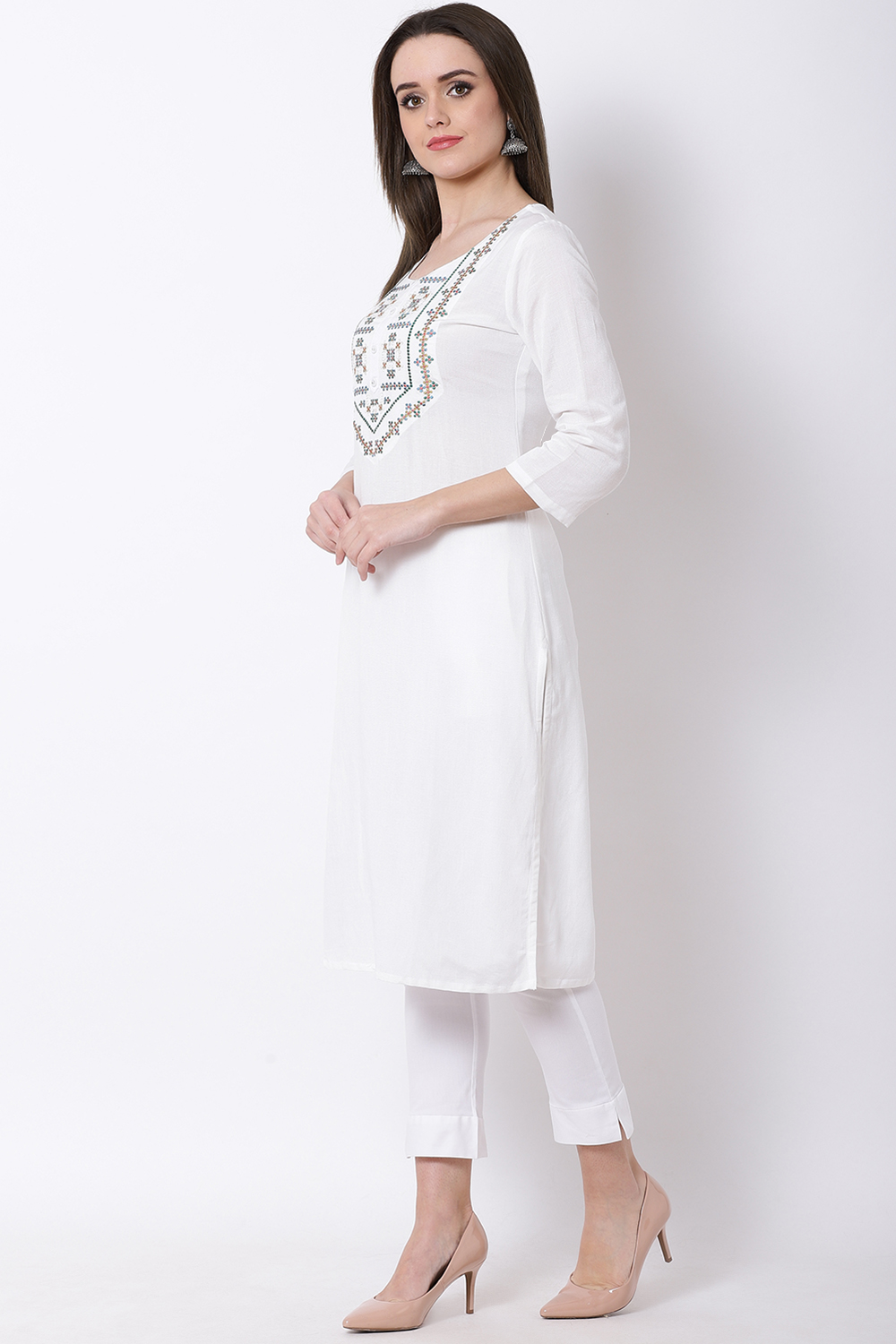 Off White Viscose Straight Kurta image number 3