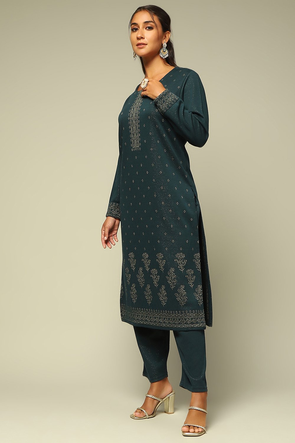 Teal Blue Circular Jacquard Straight Yarn Dyed Kurta Palazzo Suit Set image number 3