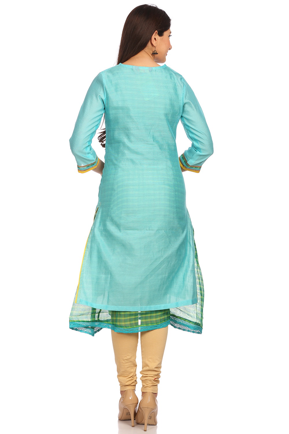 Turquoise Cotton Straight Kurta image number 3