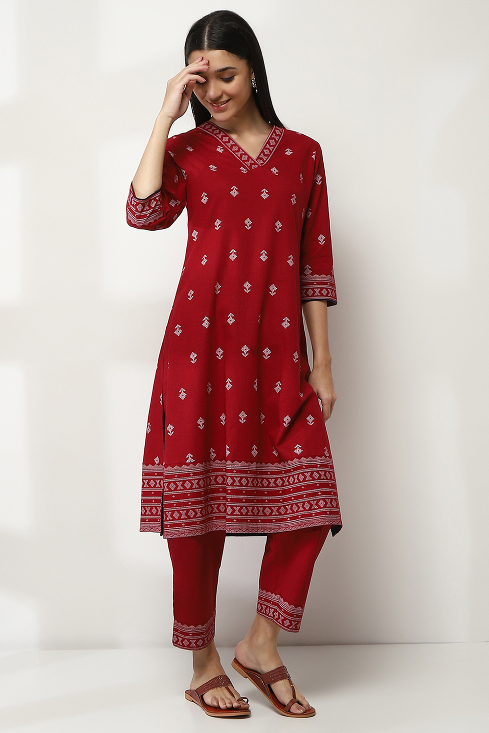 Maroon Cotton Printed Straight Kurta Set image number 5