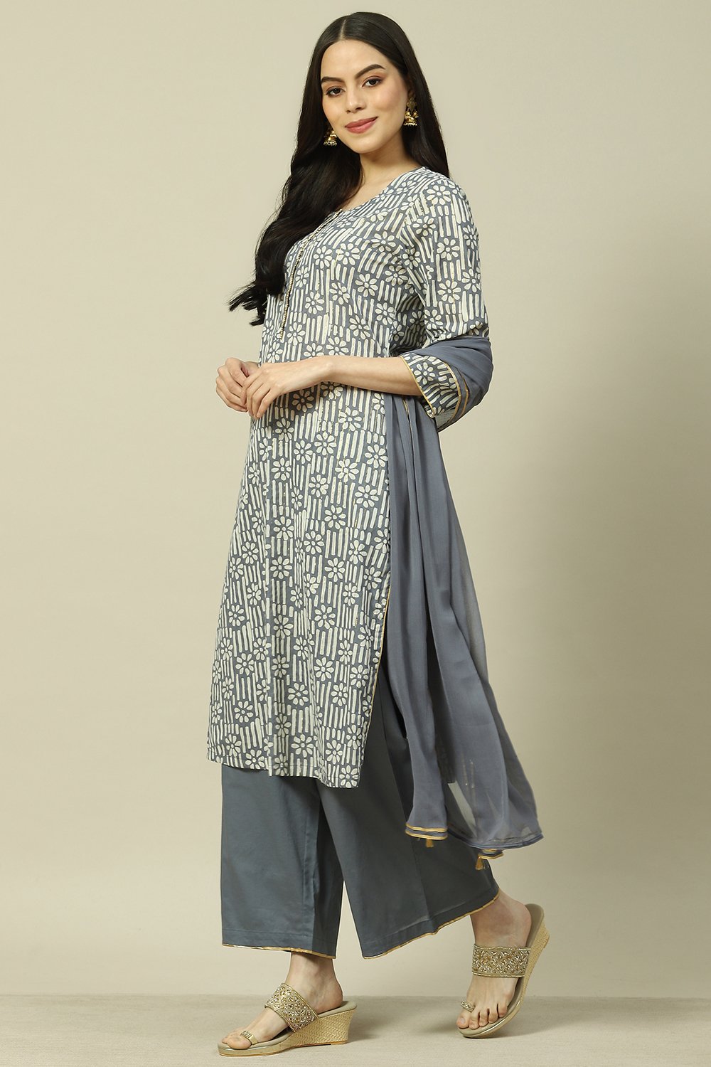 Grey Cotton Blend Woven Straight Kurta Suit Set image number 5