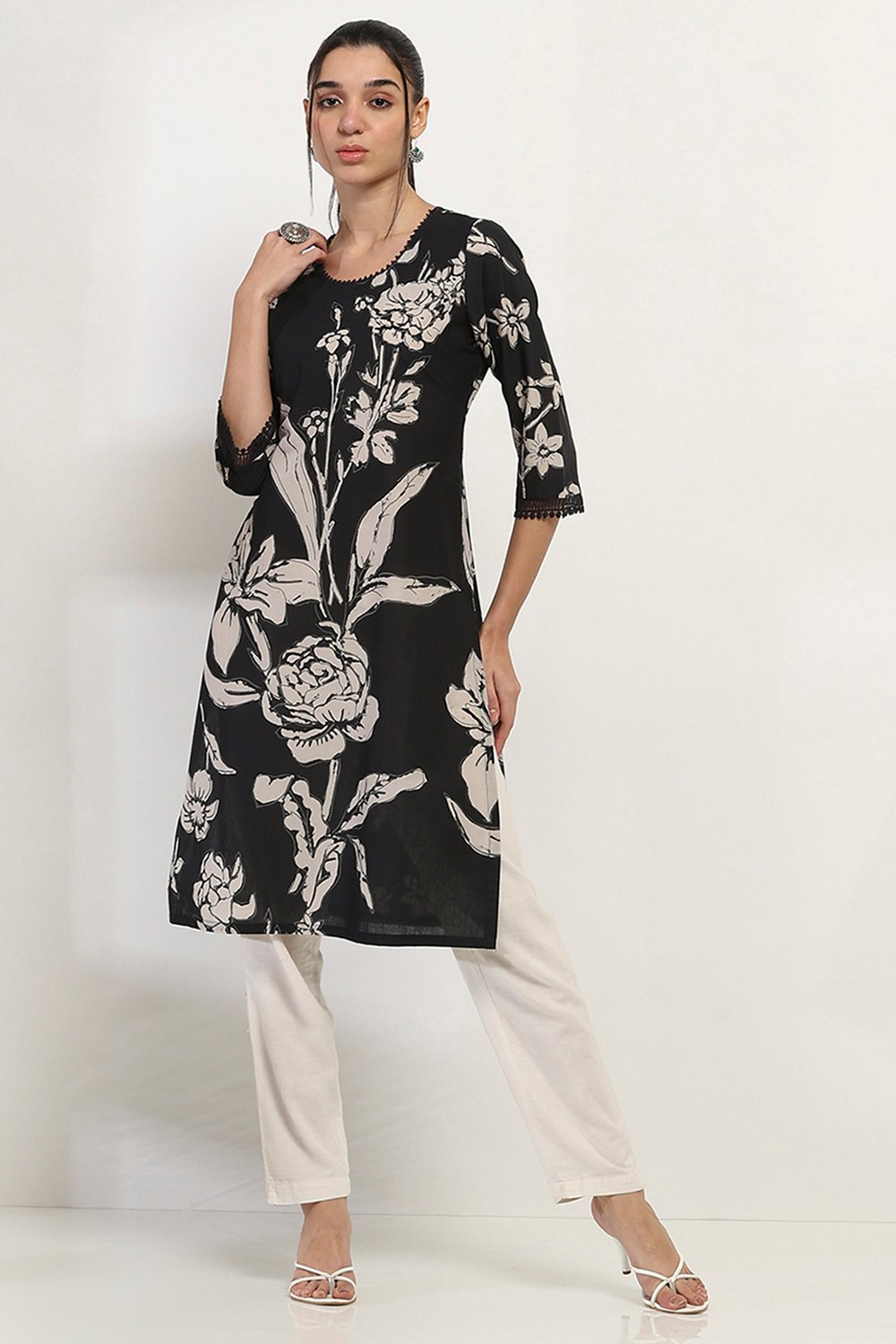 Black Cotton Straight Kurta image number 5