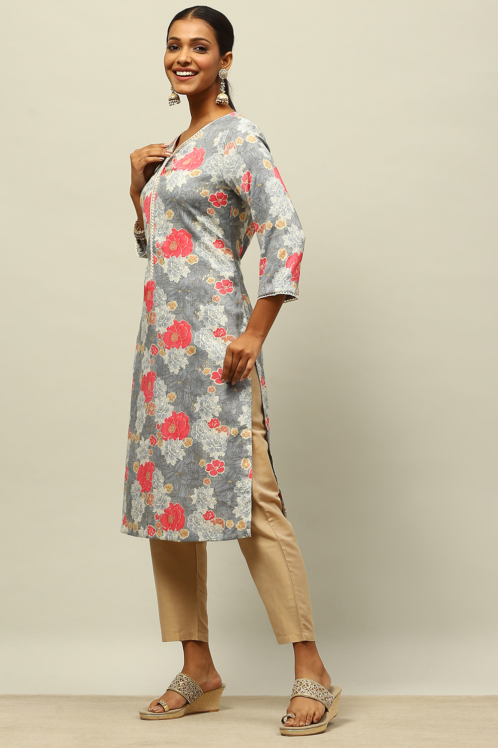 Grey Viscose Blend Printed Straight Kurta image number 2