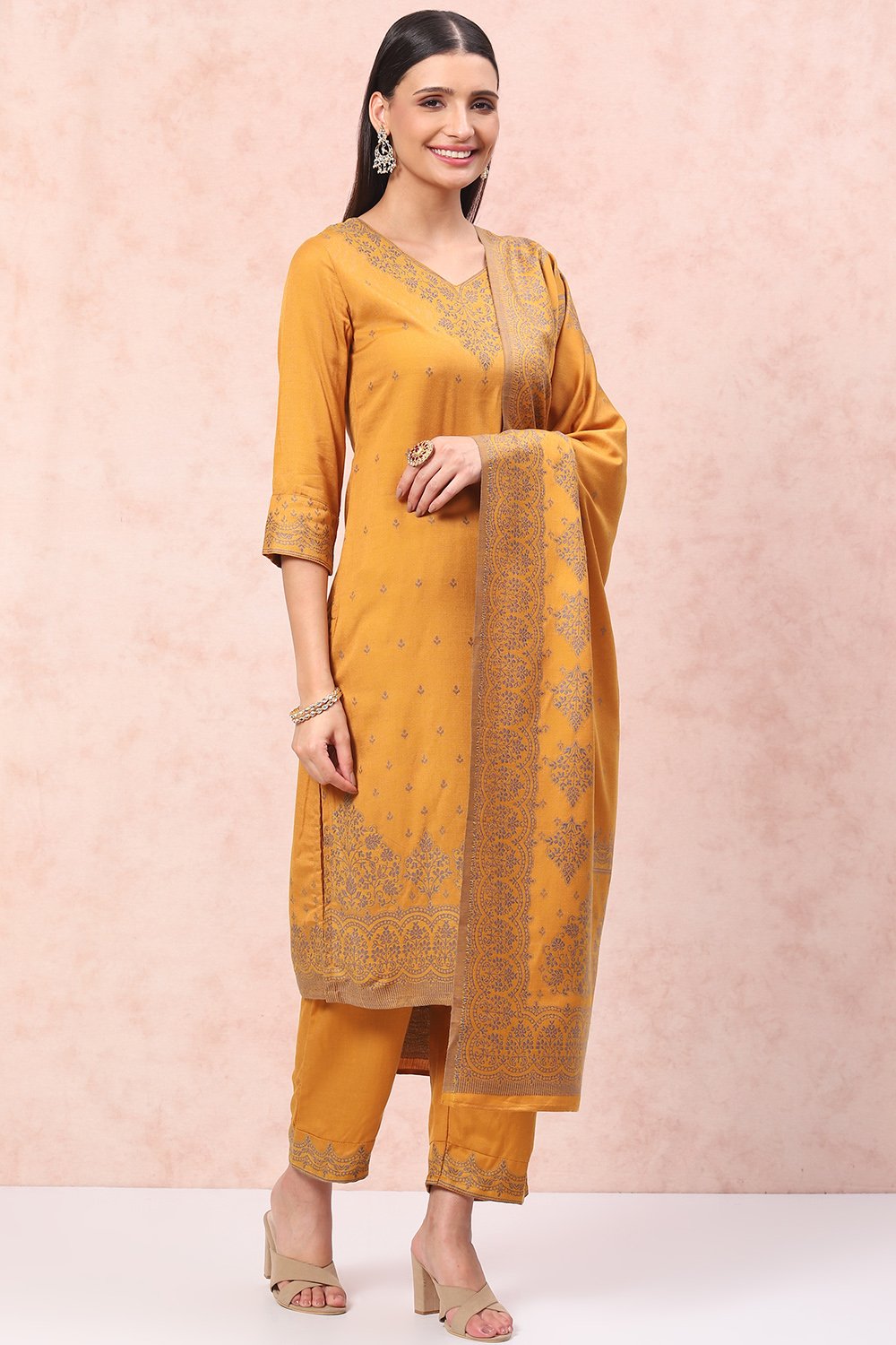 Mustard Art Silk Straight Suit Set image number 0