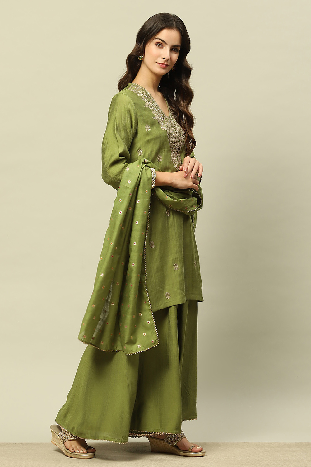 Golden-Olive Viscose Blend Straight Embroidered Kurta Sharara Suit Set image number 5