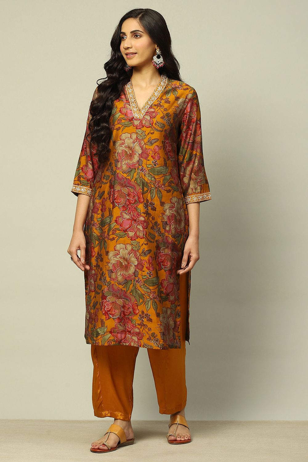 Mustard Viscose Blend Floral Printed Straight Suit Set image number 7