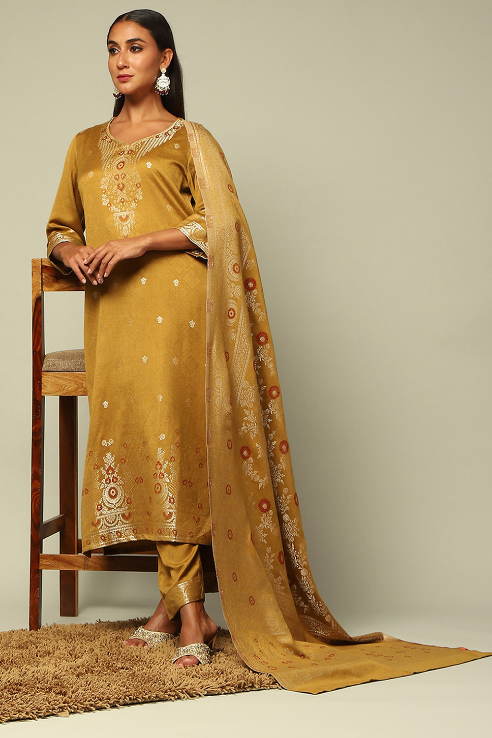 Mustard Acrylic Straight Yarn Dyed Kurta Palazzo Suit Set image number 0