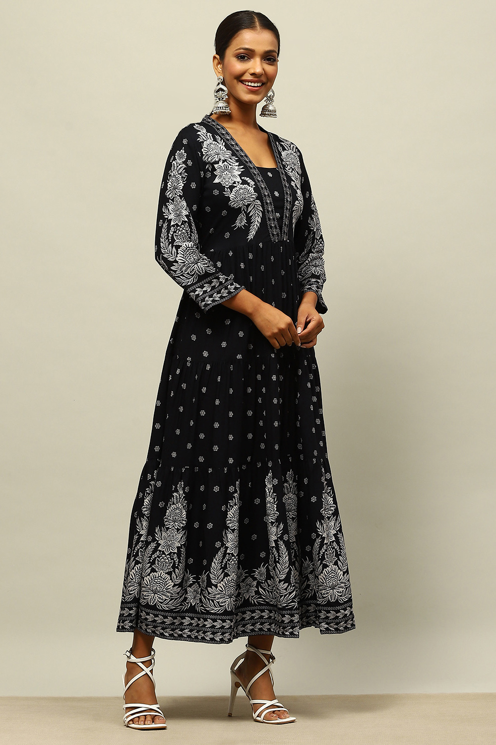 Black Rayon Printed Tiered Dress image number 4