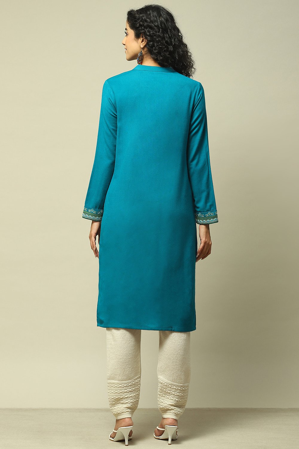 Teal Acrylic Straight Solid Kurta image number 3