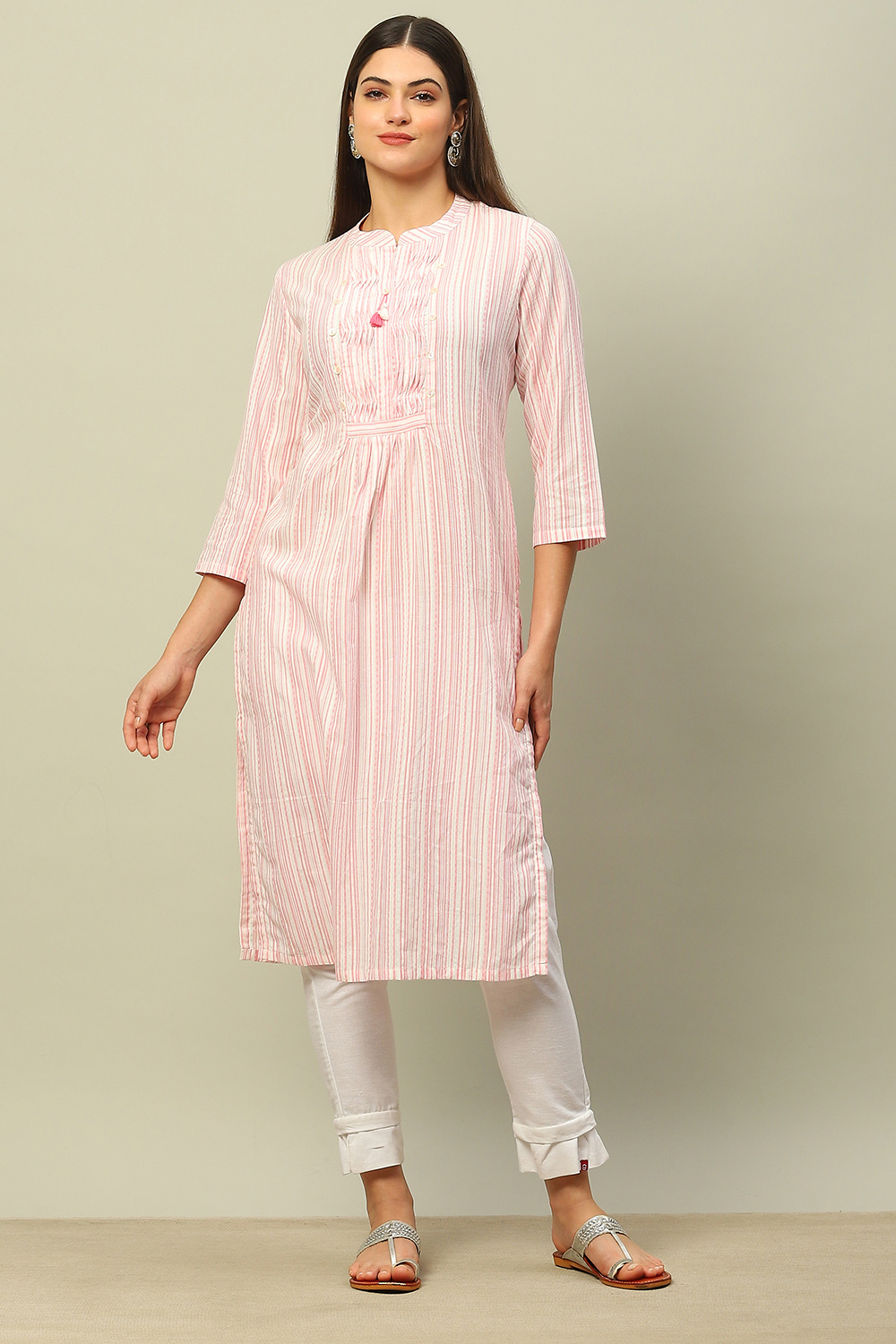 Pink Cotton Yarndyed Straight Kurta image number 5