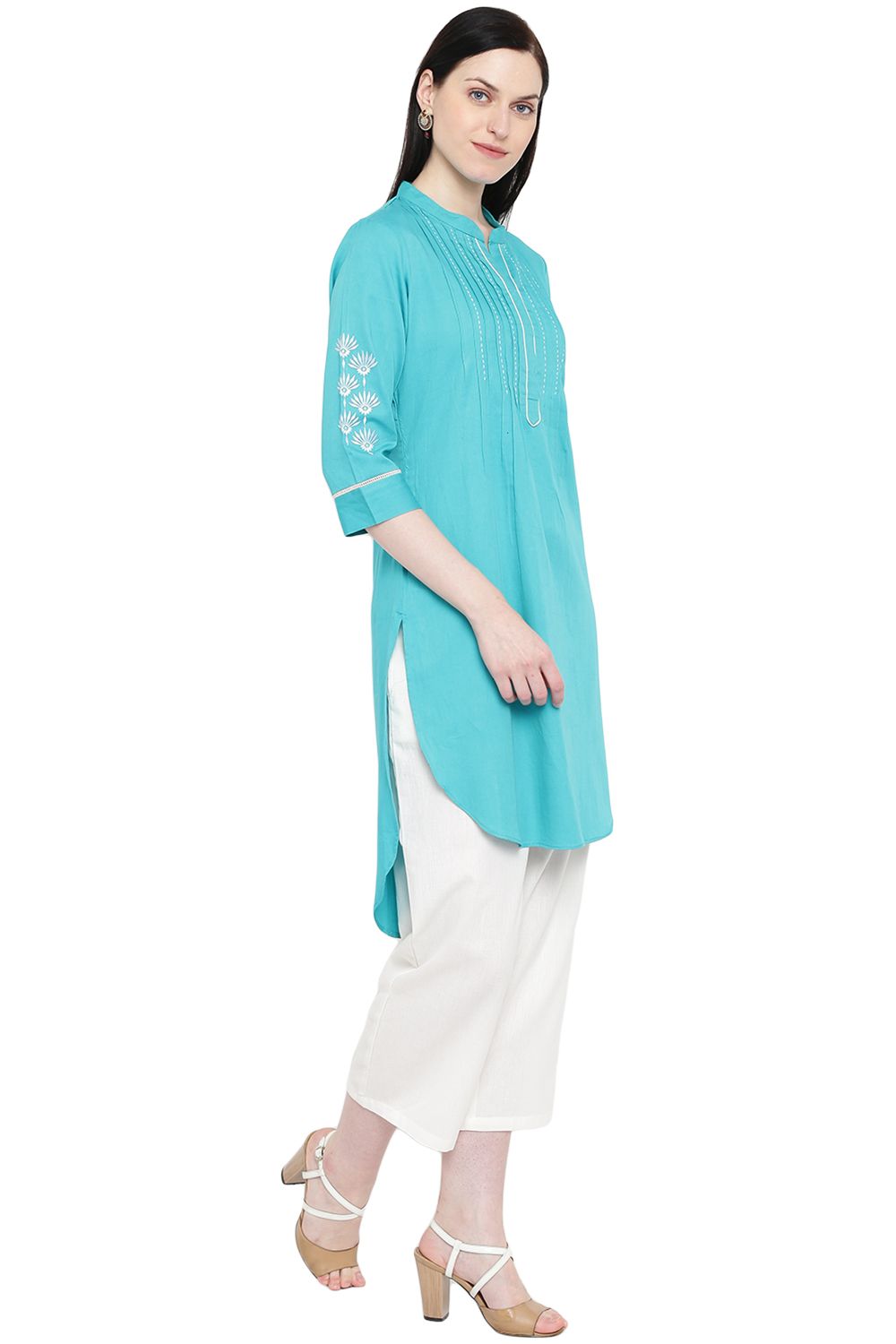 Turquoise Cotton Straight Kurta image number 3