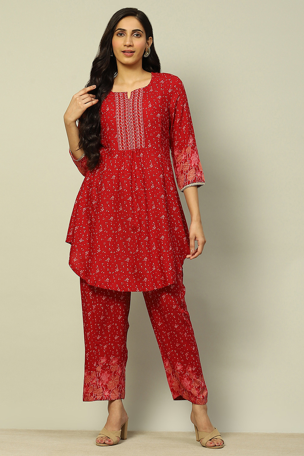 Red Viscose Blend Flared Printed Kurta Salwar Suit Set image number 6