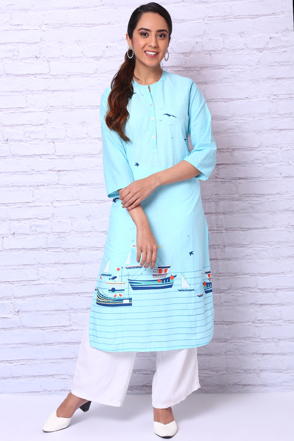 Sky Blue Cotton Slub Straight Kurta image number 0