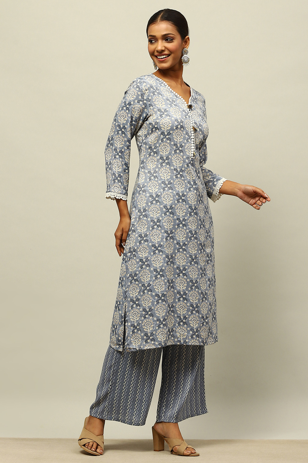 Grey Viscose Blend Straight Printed Kurta Palazzo Suit Set image number 5