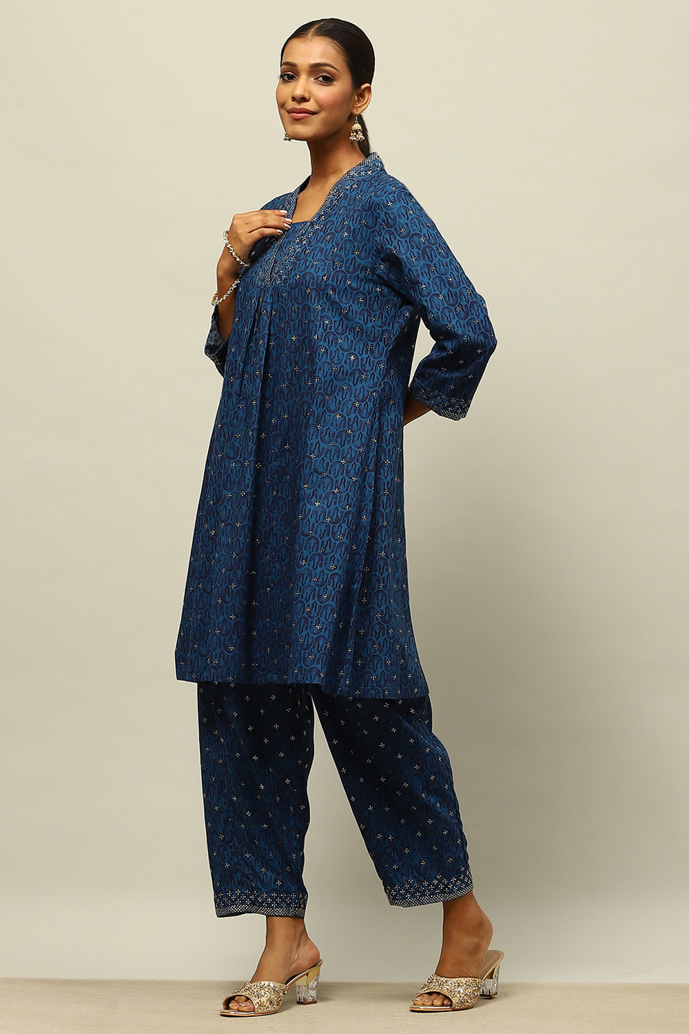 Blue Rayon Kalidar Printed Kurta Palazzo Suit Set image number 3