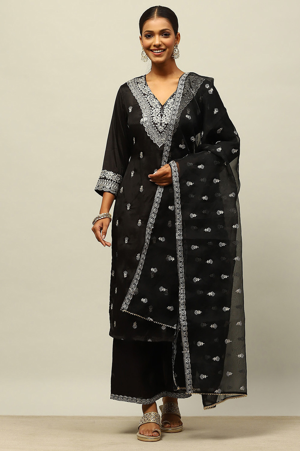 Black Viscose Shantoon Straight Embroidered Kurta Palazzo Suit Set image number 0