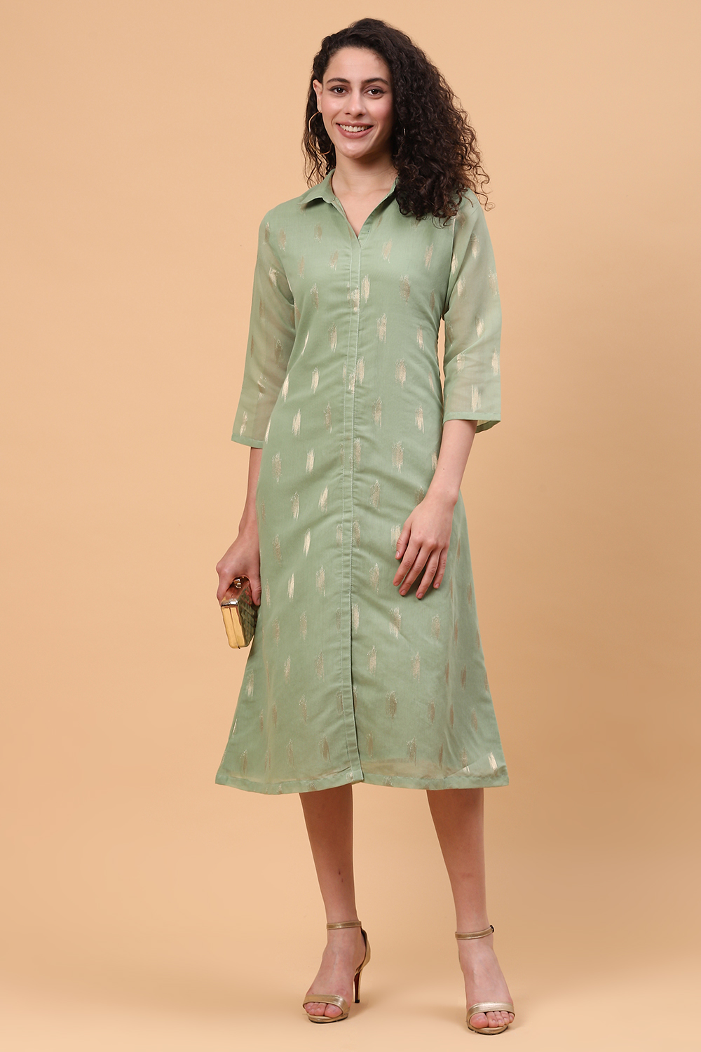 Green Art Silk A Line Dress image number 5