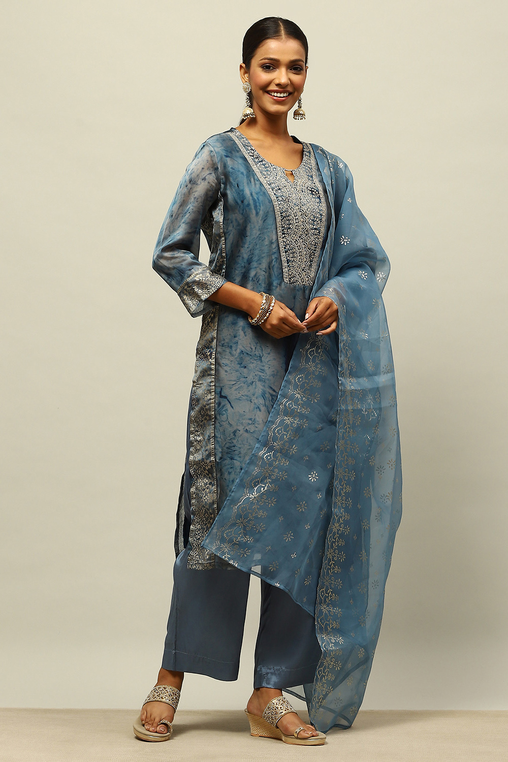 Blue Poly Georgette Straight Printed Kurta Palazzo Suit Set image number 5