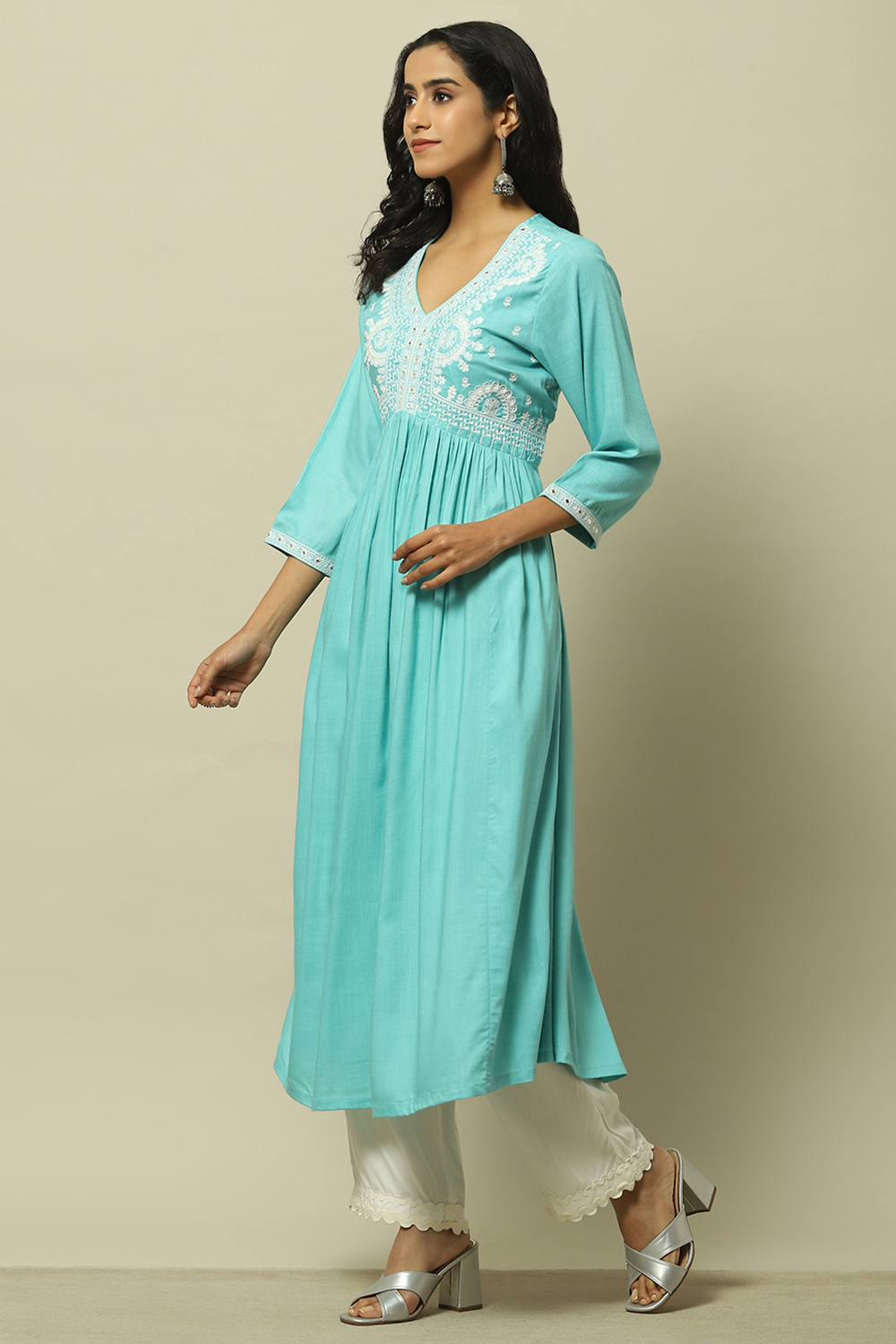 Cyan Blue Rayon Slub Tiered Dress image number 3