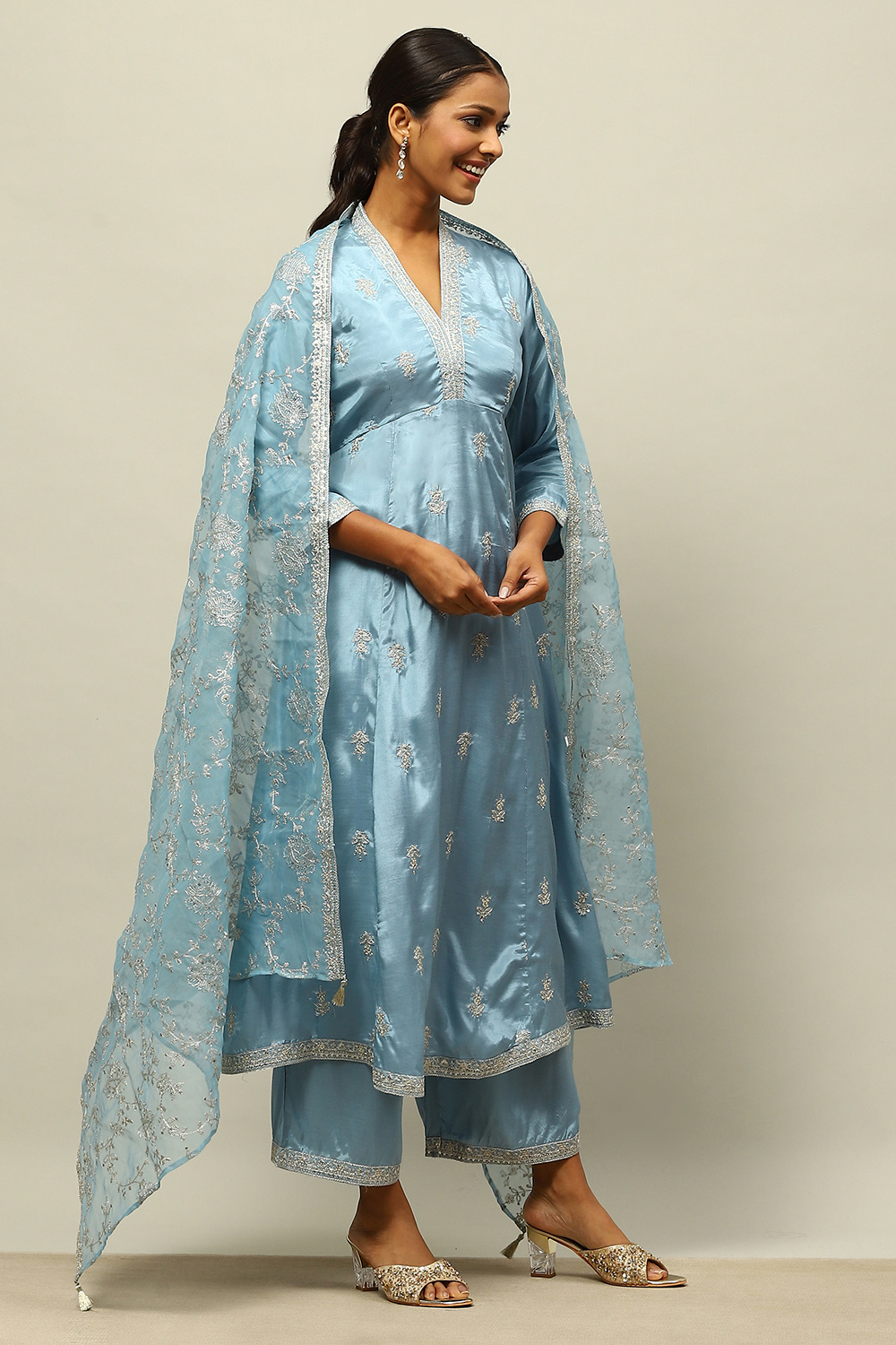 Dusty Blue Viscose Shantoon Kalidar Embroidered Kurta Palazzo Suit Set image number 5