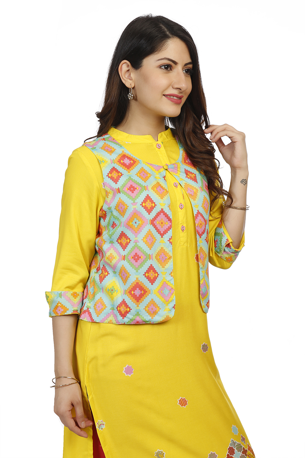 Yellow Front Open Viscose Rayon Jacket image number 2