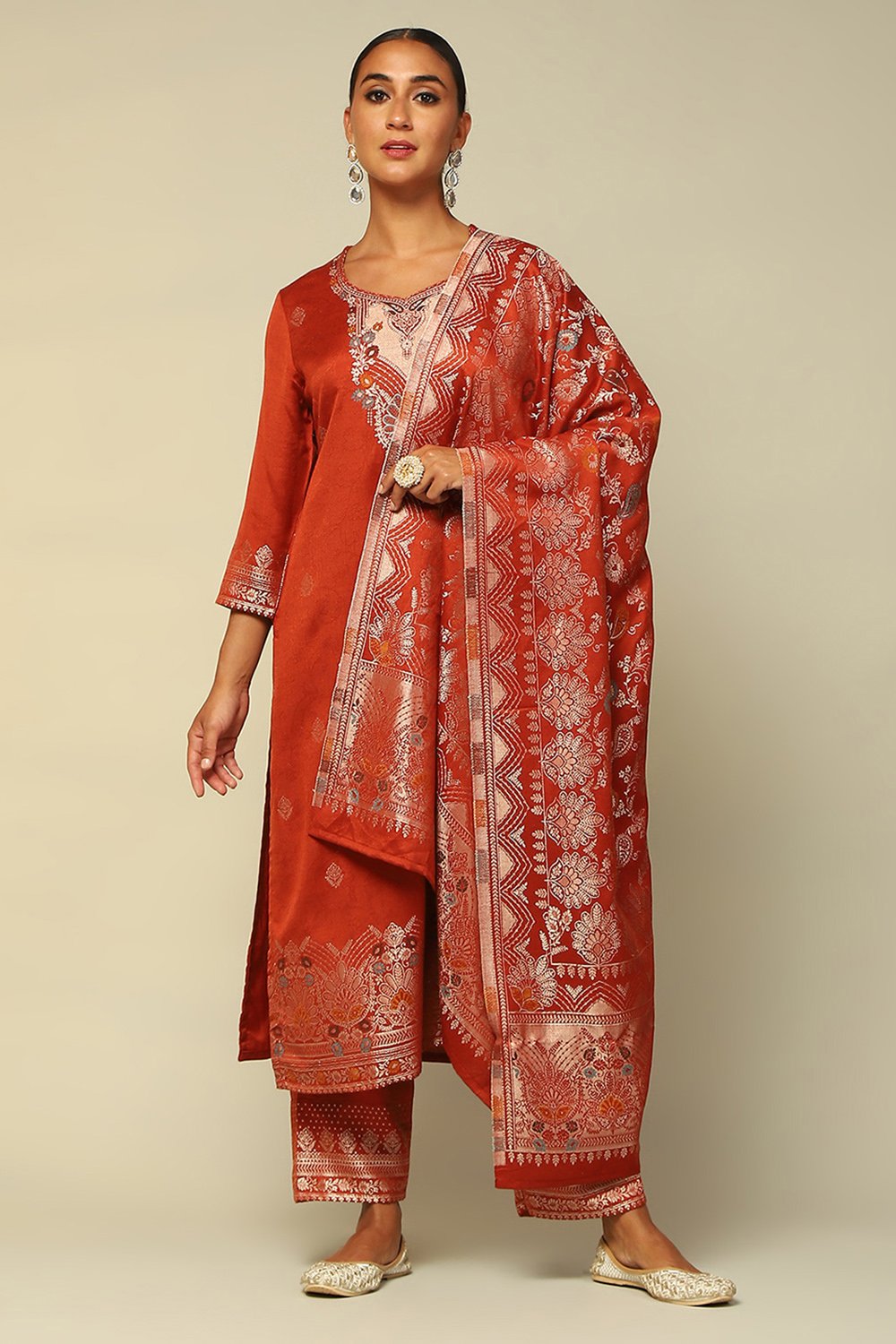 Rust-Red Acrylic Straight Yarn Dyed Kurta Palazzo Suit Set image number 6