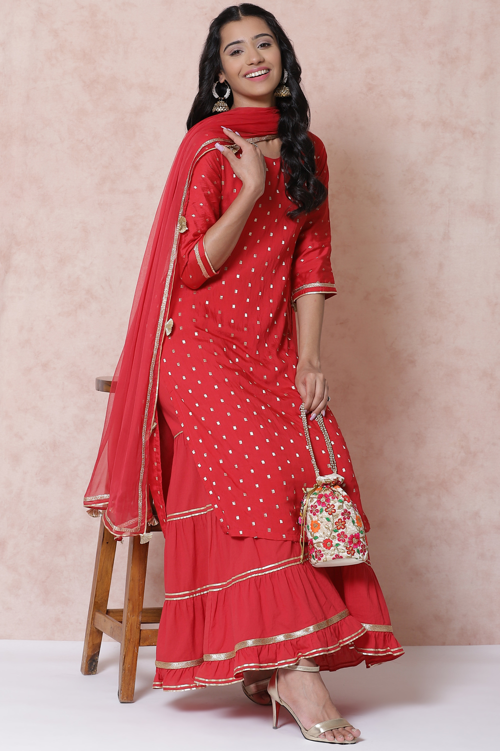 Red Poly Cotton Straight Suit Set image number 4