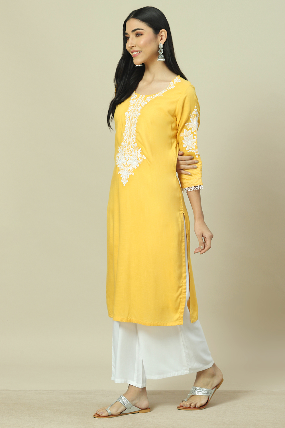 Yellow LIVA Straight Kurta image number 2