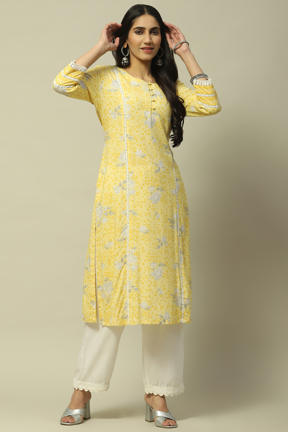 Yellow Rayon A-line Kurta image number 0