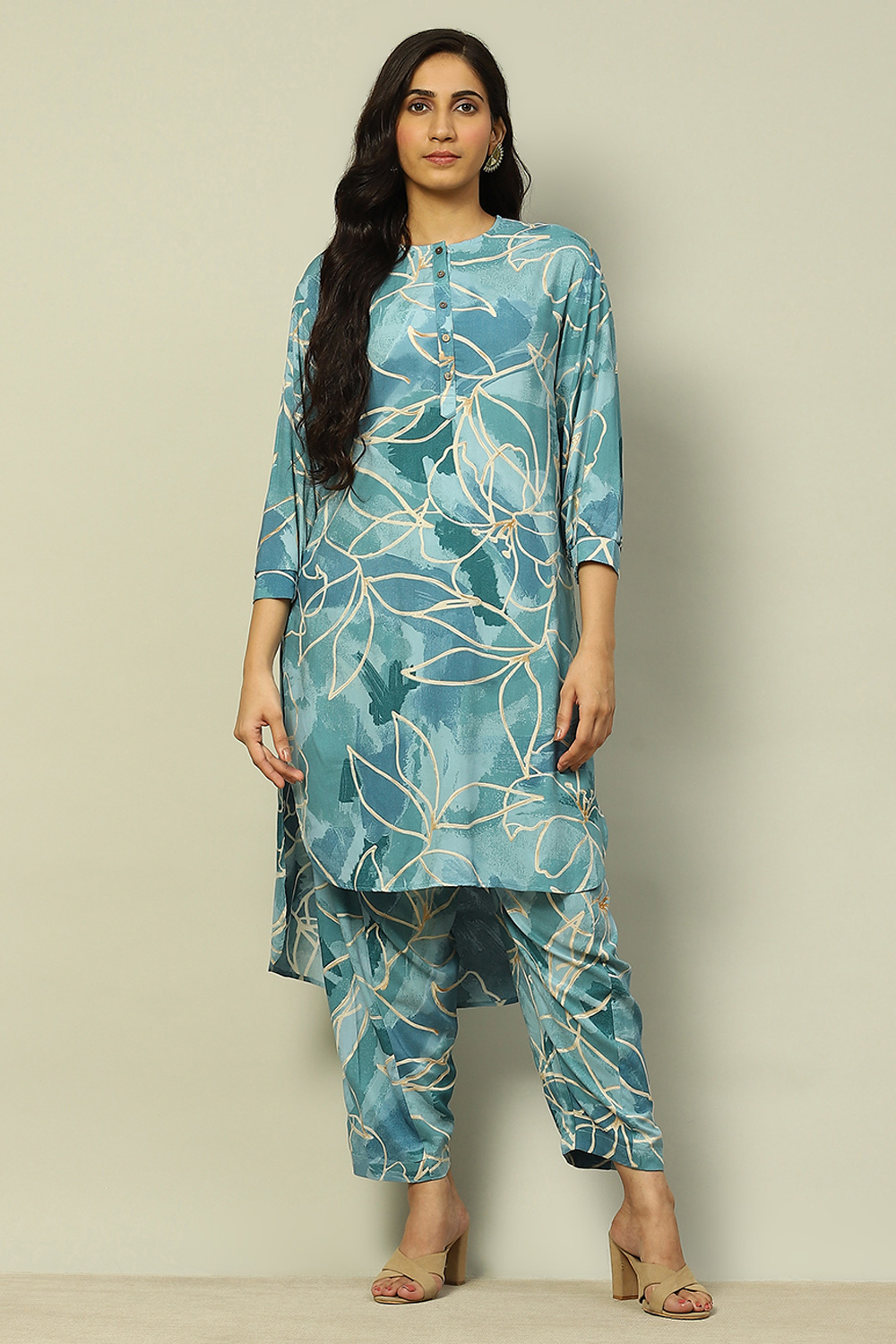 Aqua Blue Rayon Straight Printed Kurta Palazzo Suit Set image number 6