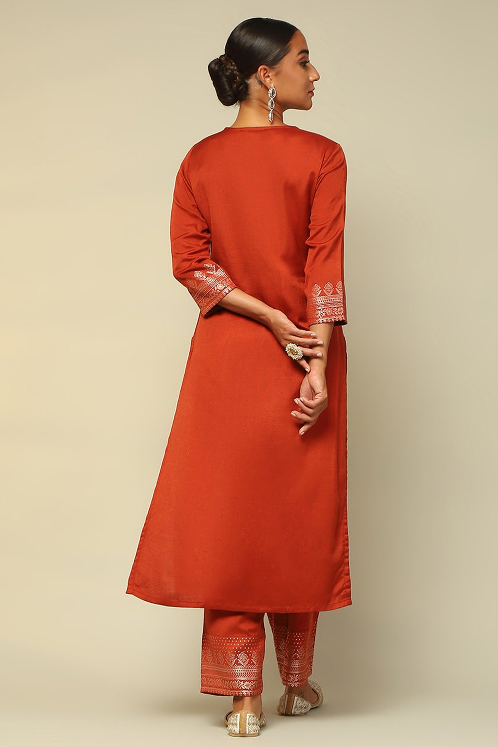 Rust-Red Acrylic Straight Yarn Dyed Kurta Palazzo Suit Set image number 4