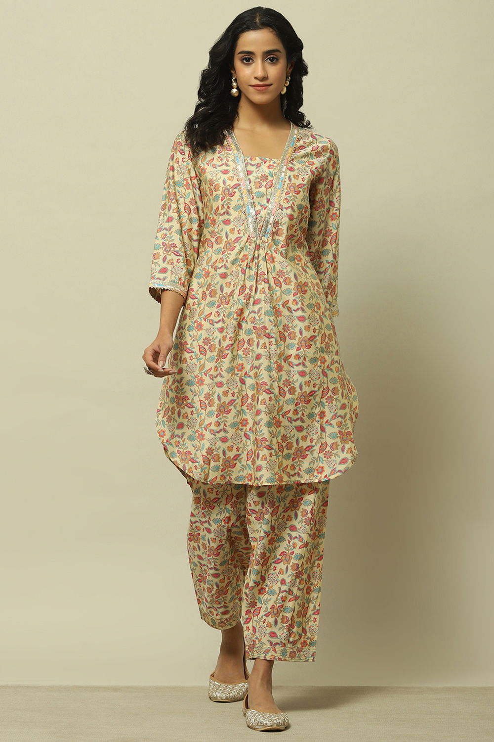 Ecru Viscose Blend Floral Printed Straight Co-ord Set image number 6