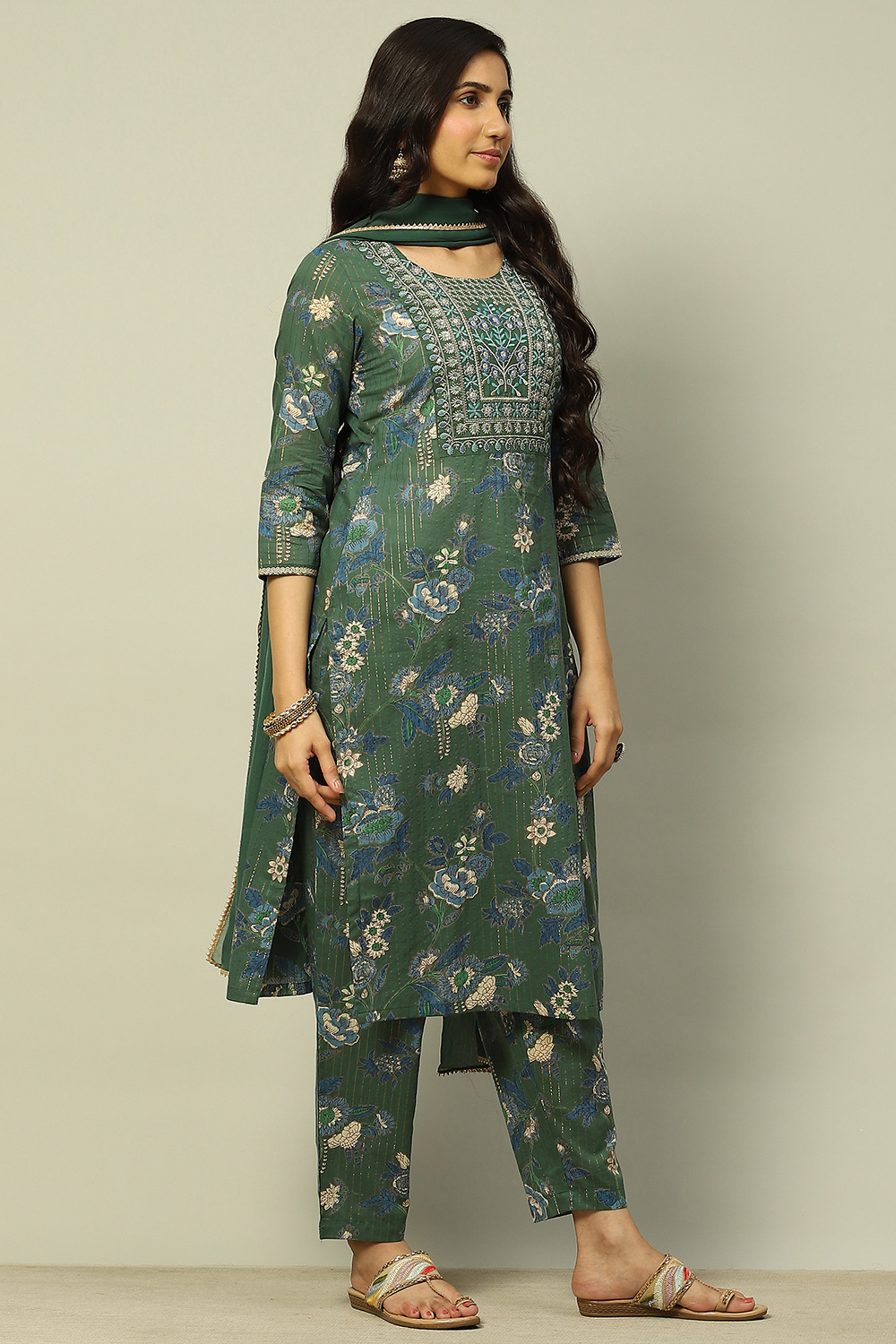 Green Cotton Lurex Floral Printed Straight Suit Set image number 5