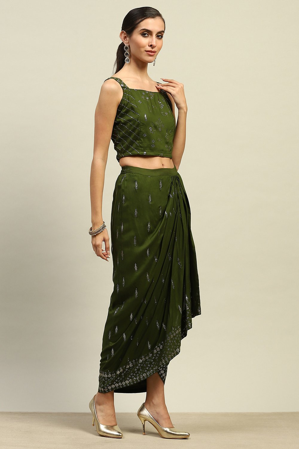 Green Rayon Straight Printed Crop Top Skirt Lehenga image number 5