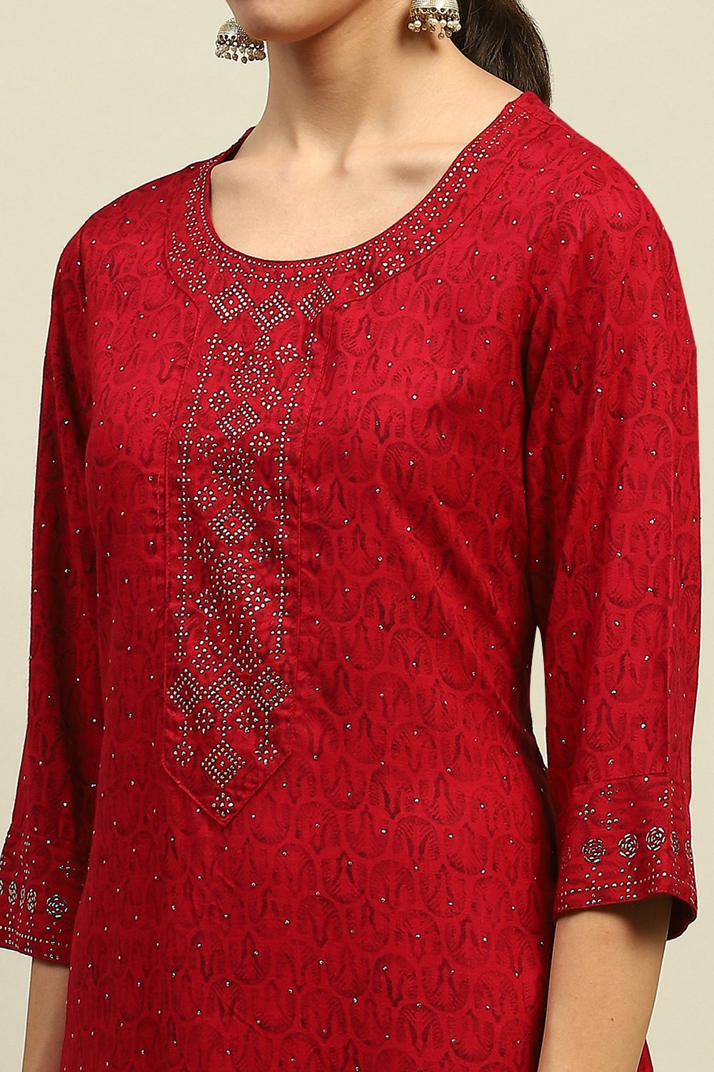 Red Rayon Slub Printed Straight Kurta image number 1