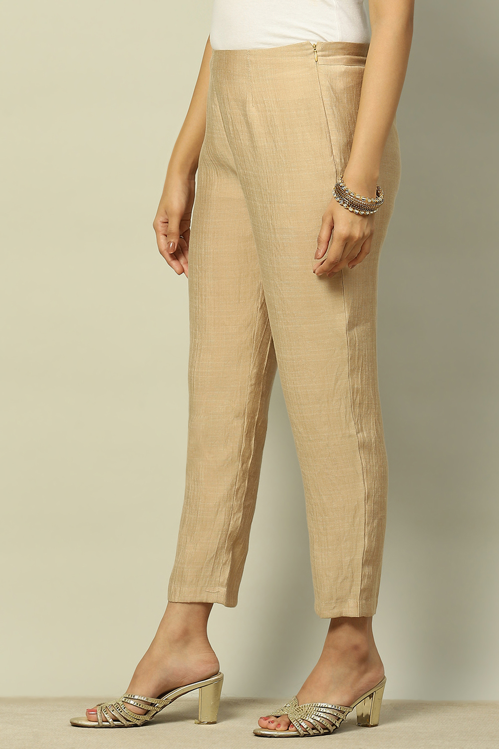 Beige Solid Straight Fit Pants image number 2