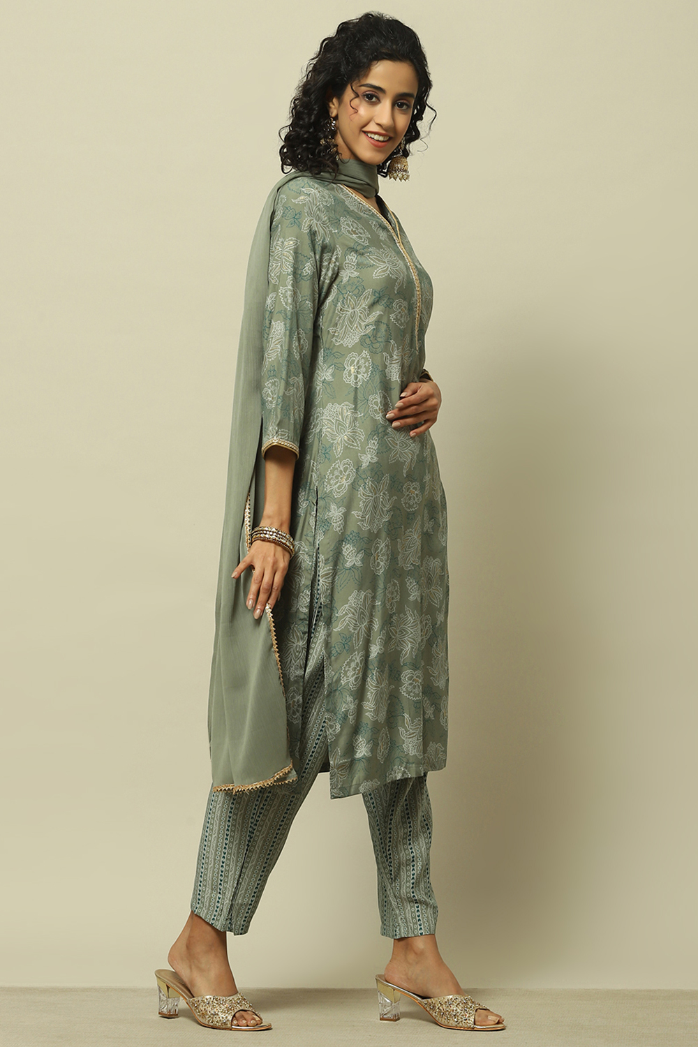 Green Printed Straight Kurta & Pants Suit Set image number 6