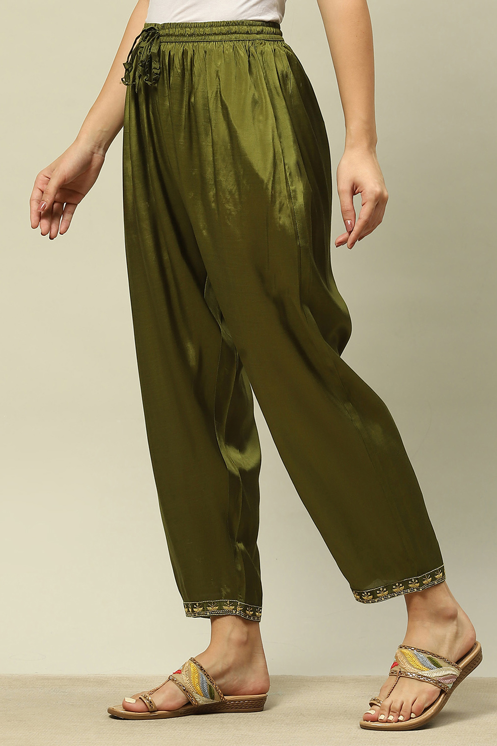 Green Viscose Shantoon Straight Palazzos image number 2