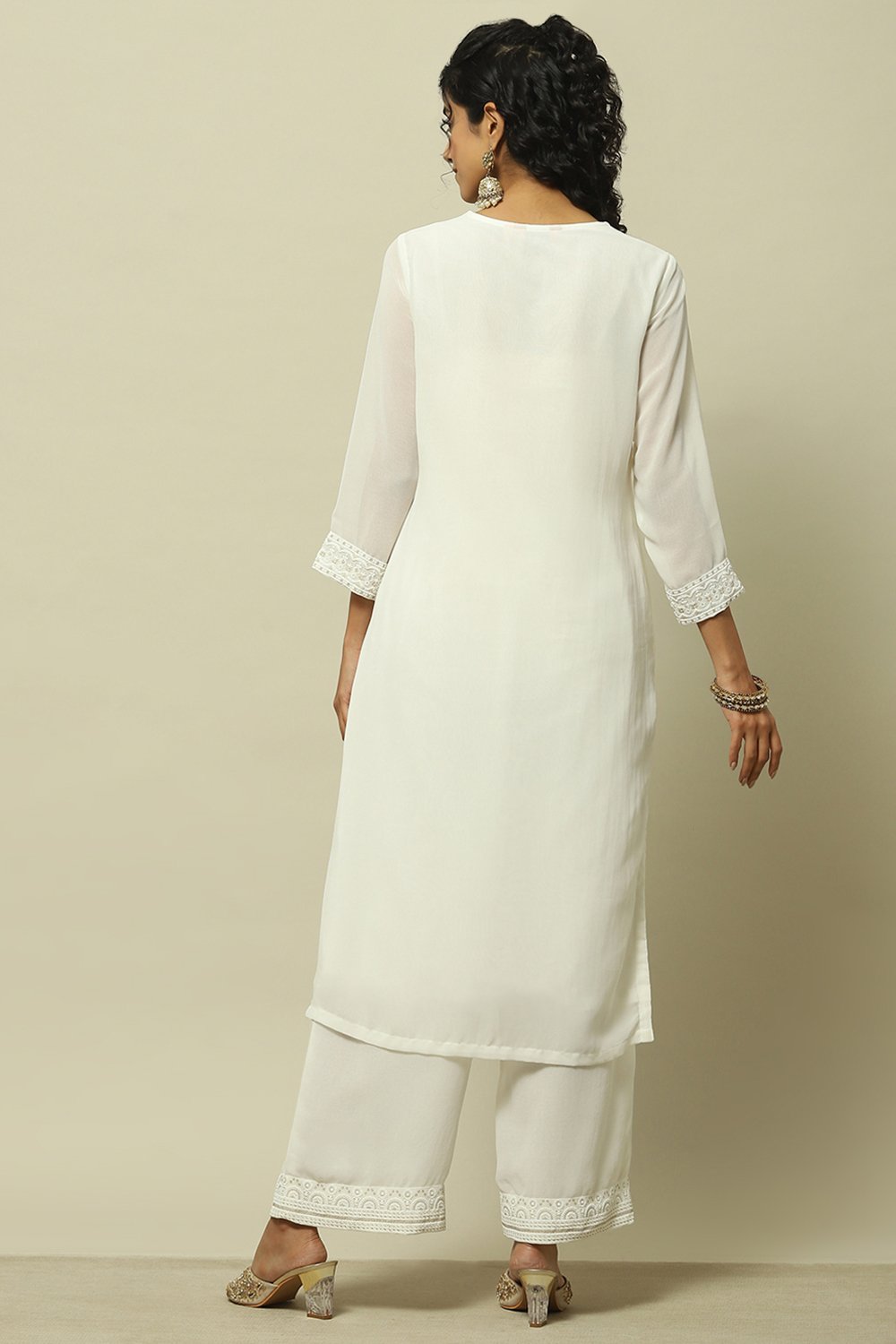 White Poly Georgette Embroidered Straight Kurta image number 3