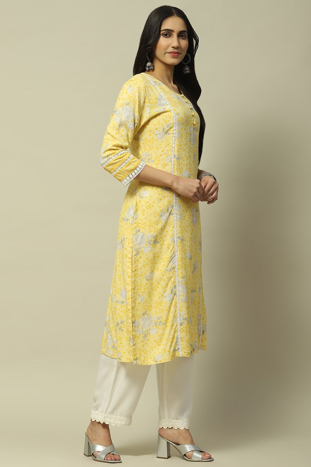 Yellow Rayon A-line Kurta image number 4