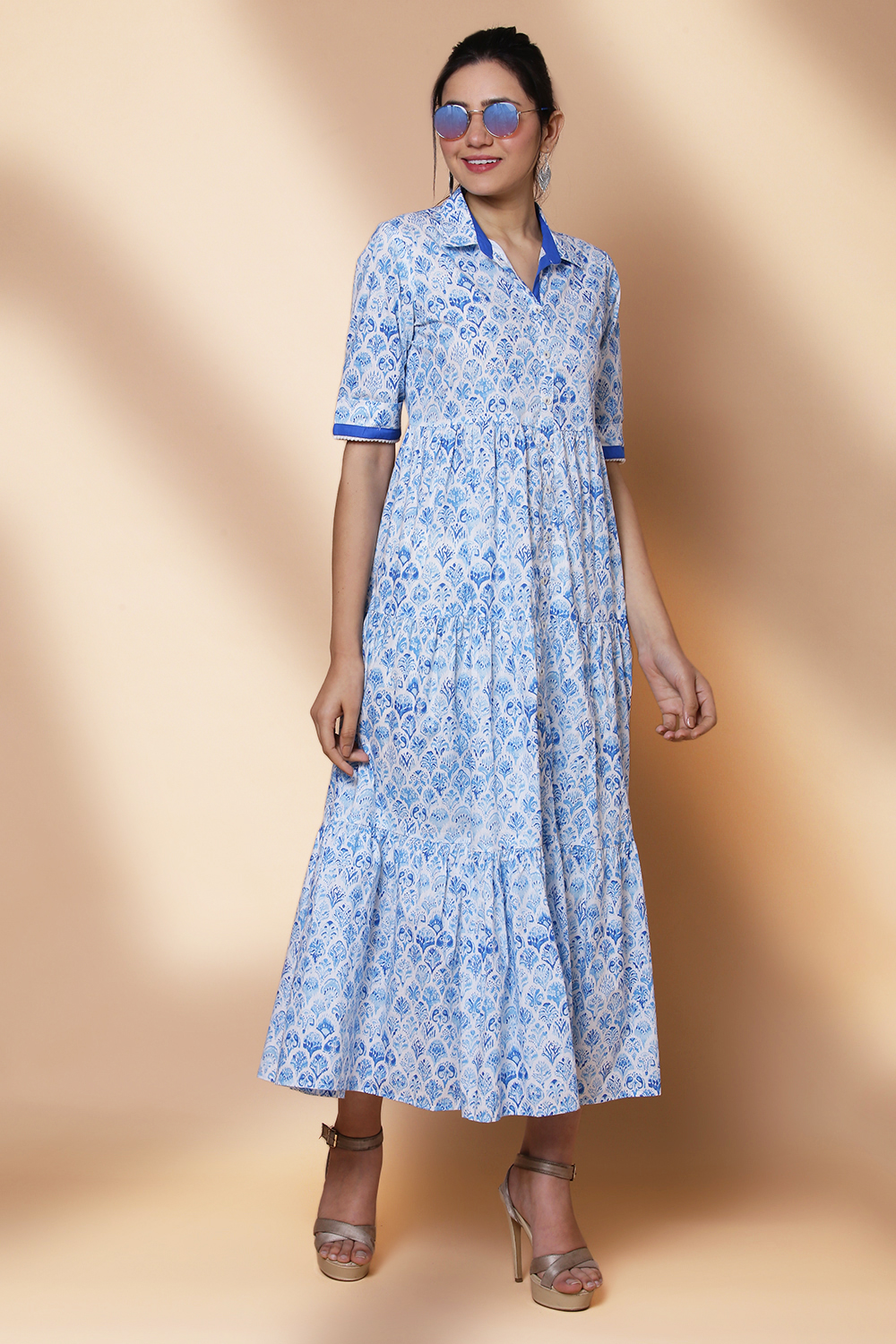 Blue Cotton Slub Tired Dress image number 0