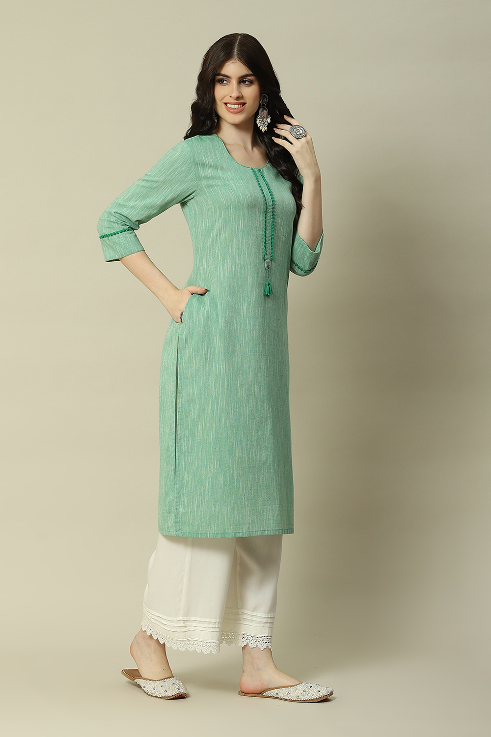 Green Polyester Straight Yarndyed Kurta image number 3