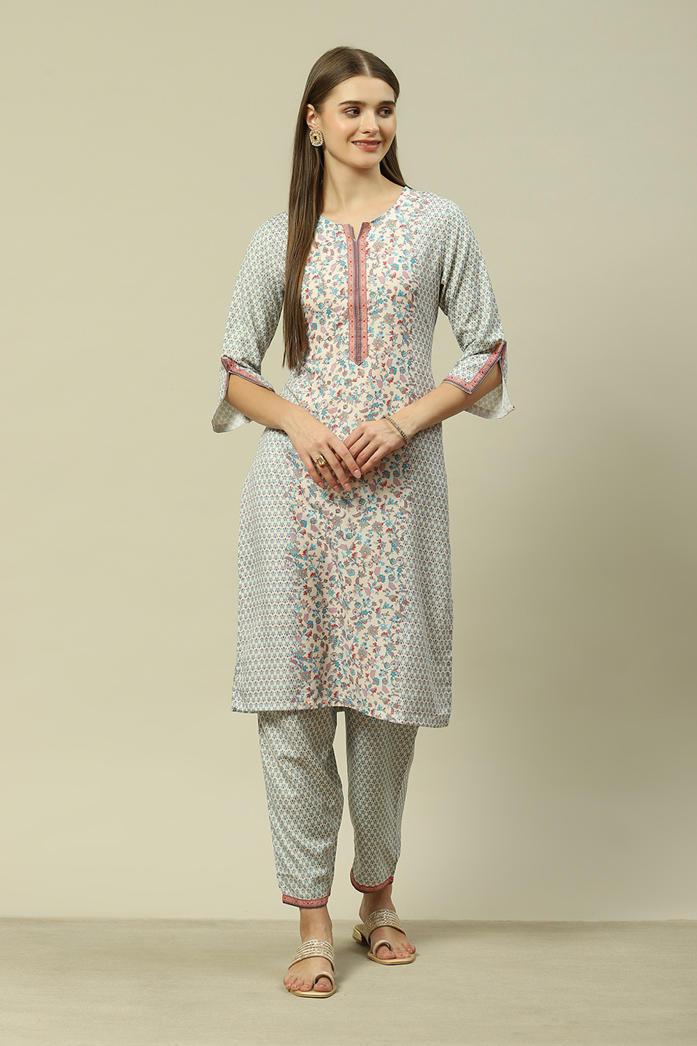 White Viscose Straight Printed Kurta Palazzo Suit Set image number 6